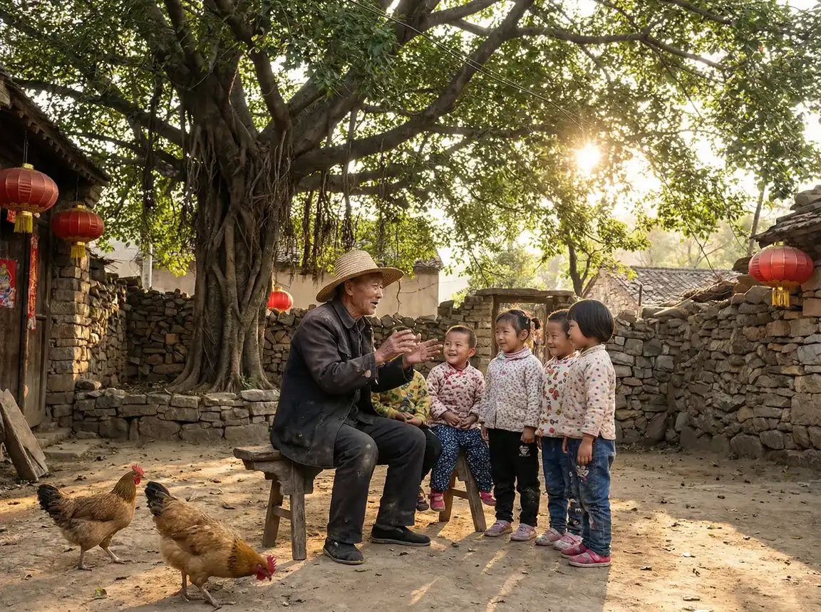 老人在大榕树下给孩子们讲故事 - 年轻善良的锼子6 乡村记忆